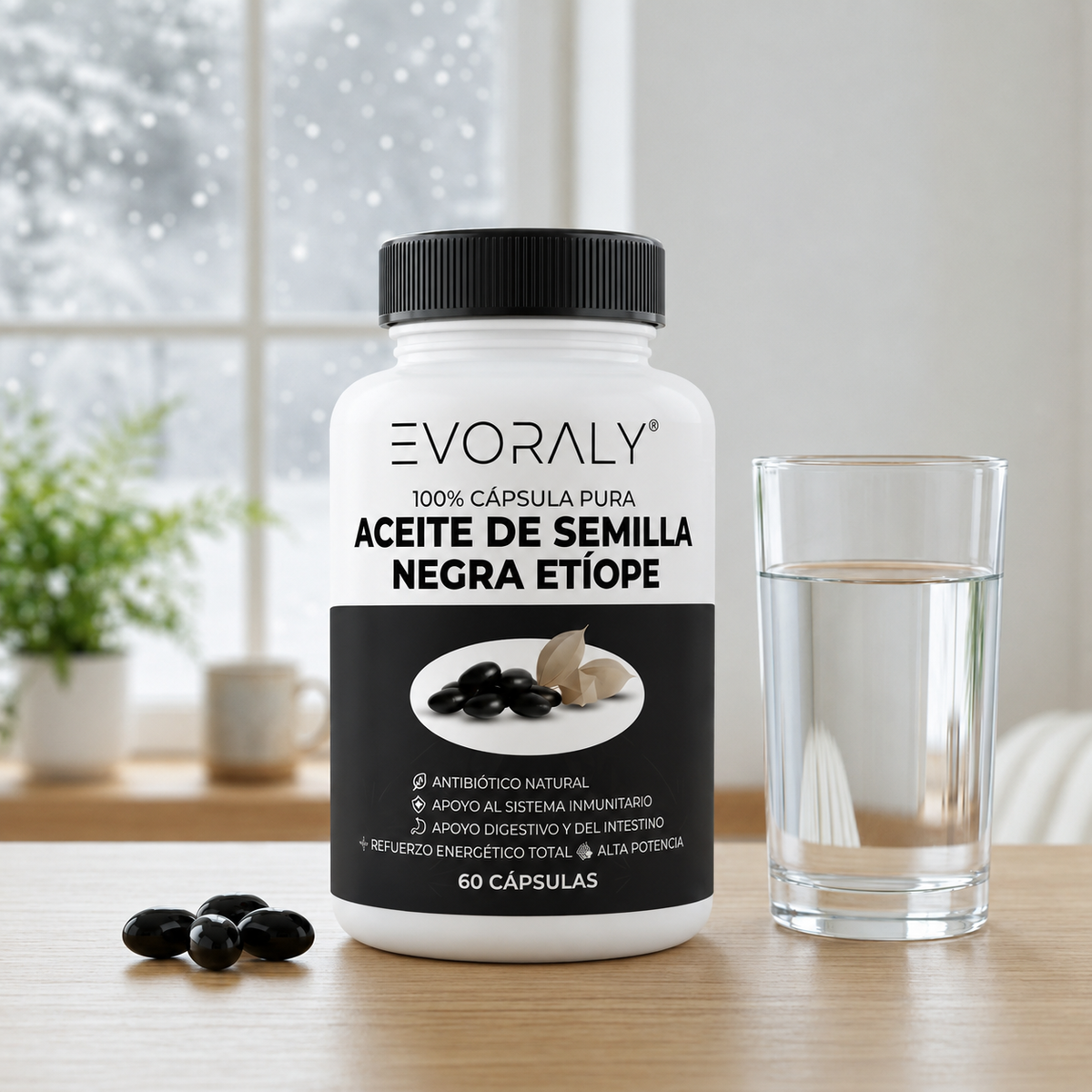 Producto junto a un vaso de agua